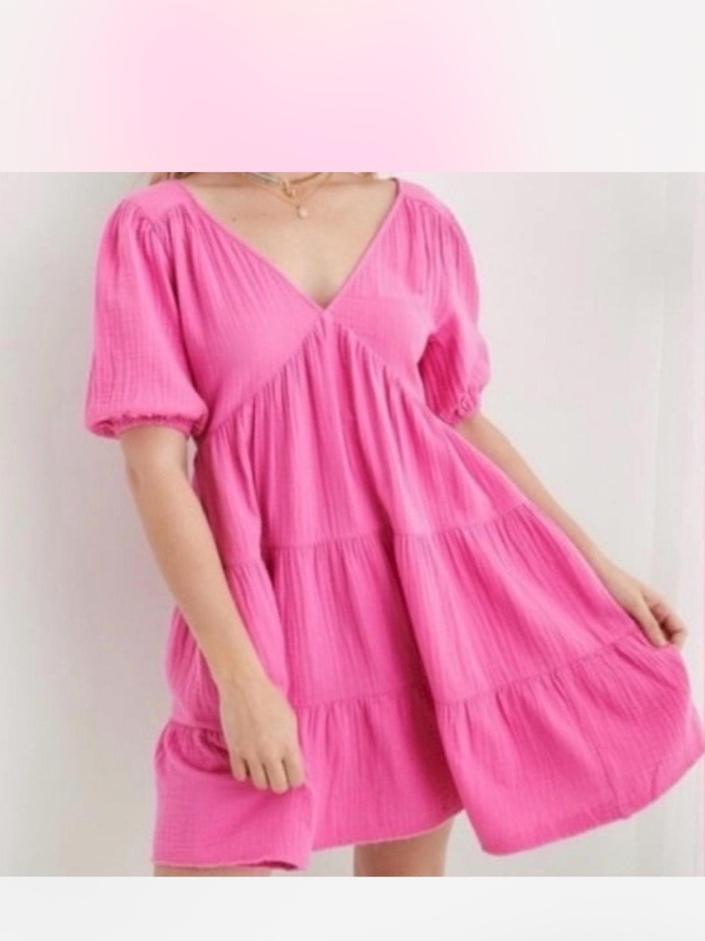 aerie Hot Pink Tiered V-Neck Mini Dress